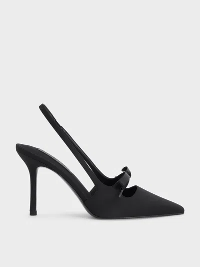 Charles & Keith - Satin Bow Pointed-toe Slingback Pumps In Black Textured