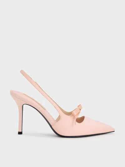 Charles & Keith - Satin Bow Pointed-toe Slingback Pumps In Light Pink