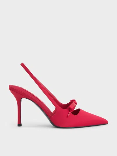 Charles & Keith - Satin Bow Pointed-toe Slingback Pumps In Red