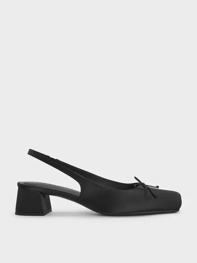 Charles & Keith - Satin Bow Square-toe Slingback Pumps In Black Textured