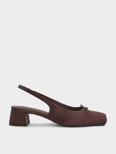 Charles & Keith - Satin Bow Square-toe Slingback Pumps In Dark Brown
