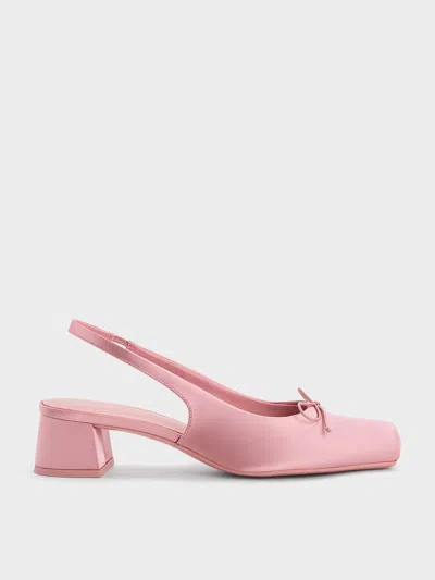 Charles & Keith - Satin Bow Square-toe Slingback Pumps In Pink