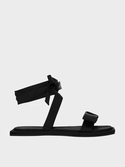 Charles & Keith - Satin Bow Tie-around Flat Sandals In Black Textured