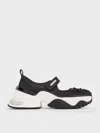 Charles & Keith - Satin Bow Two-tone Mary Jane Sneakers In Black Textured