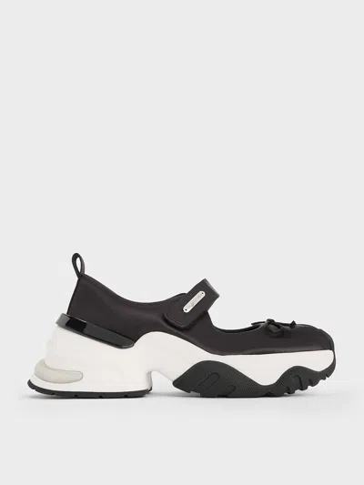 Charles & Keith - Satin Bow Two-tone Mary Jane Sneakers In Black Textured