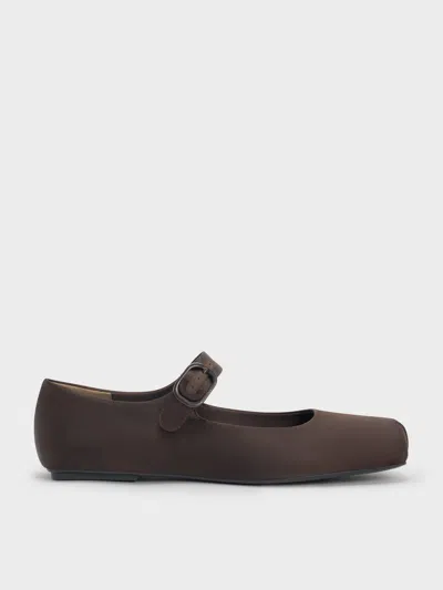 Charles & Keith - Satin Buckled Square-toe Mary Jane Flats In Brown