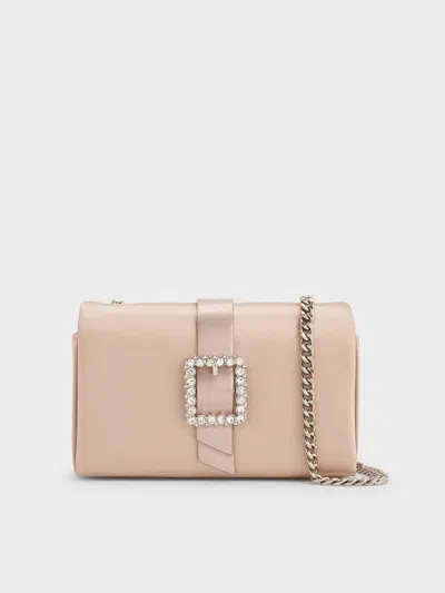 Charles & Keith - Satin Crystal-buckle Belted Chain-handle Bag