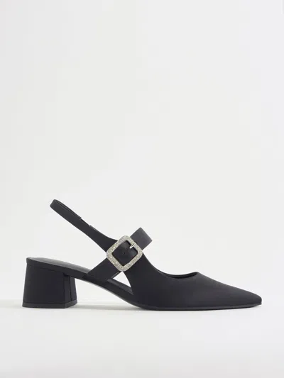 Charles & Keith - Satin Crystal-buckle Block-heel Slingback Pumps In Black