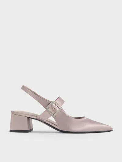 Charles & Keith - Satin Crystal-buckle Block-heel Slingback Pumps In Purple