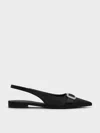 Charles & Keith - Satin Crystal-buckle Pointed-toe Slingback Flats In Black