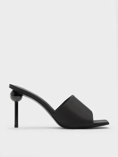 Charles & Keith - Satin Crystal-embellished Ball-heel Mules In Black