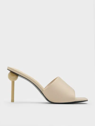 Charles & Keith - Satin Crystal-embellished Ball-heel Mules In Gold