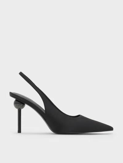 Charles & Keith - Satin Crystal-embellished Ball-heel Pointed-toe Slingback Pumps In Black