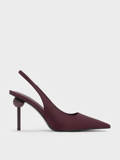 Charles & Keith - Satin Crystal-embellished Ball-heel Pointed-toe Slingback Pumps In Burgundy