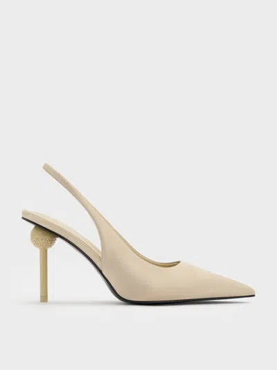 Charles & Keith - Satin Crystal-embellished Ball-heel Pointed-toe Slingback Pumps In Gold