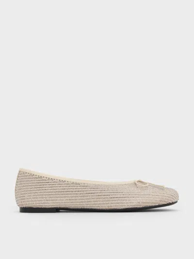 Charles & Keith - Satin Crystal-embellished Bow Ballet Flats In Gold