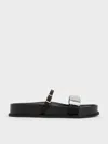 Charles & Keith - Satin Crystal-embellished Double-strap Sandals In Black Textured