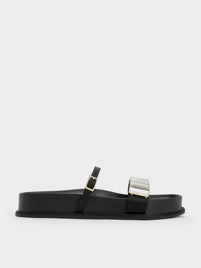 Charles & Keith - Satin Crystal-embellished Double-strap Sandals In Black Textured