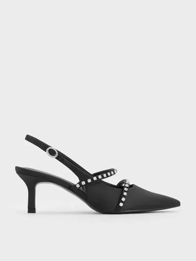 Charles & Keith - Satin Crystal-embellished Mary Jane Pumps In Black Textured