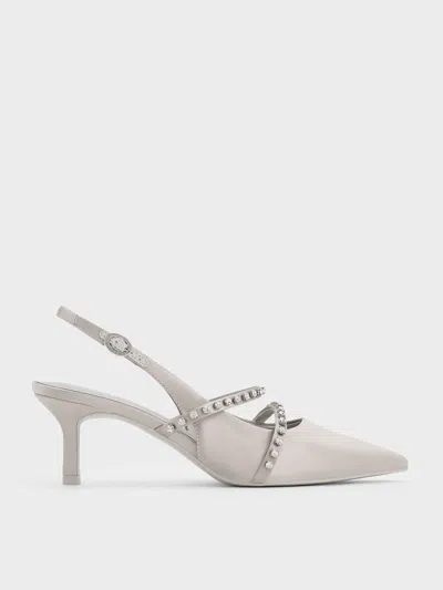 Charles & Keith - Satin Crystal-embellished Mary Jane Pumps In Light Grey