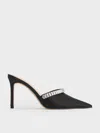 Charles & Keith - Satin Crystal-embellished Pointed-toe Heeled Mules In Black Textured