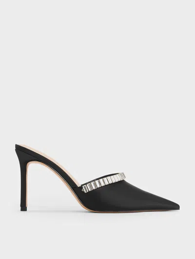 Charles & Keith - Satin Crystal-embellished Pointed-toe Heeled Mules In Black Textured
