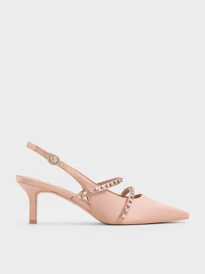 Charles & Keith - Satin Crystal-embellished Slingback Mary Jane Pumps In Nude