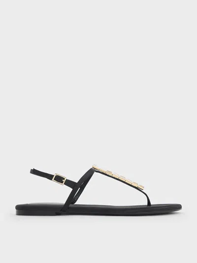 Charles & Keith - Satin Crystal-embellished Thong Slingback Sandals In Black Textured