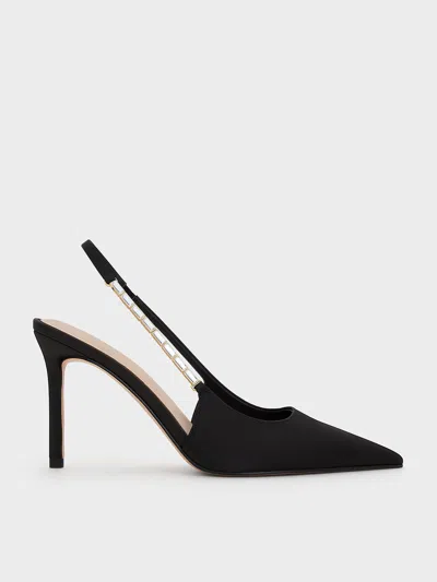 Charles & Keith - Satin Embellished-strap Pointed-toe Slingback Pumps In Black Textured