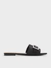 Charles & Keith - Satin Gem-buckle Square-toe Slide Sandals In Black Textured