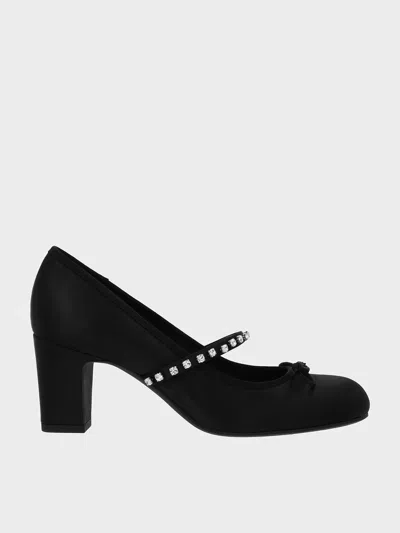 Charles & Keith - Satin Gem-embellished Bow Mary Jane Pumps In Black Textured