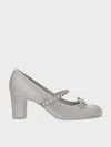 Charles & Keith - Satin Gem-embellished Bow Mary Jane Pumps In Light Grey