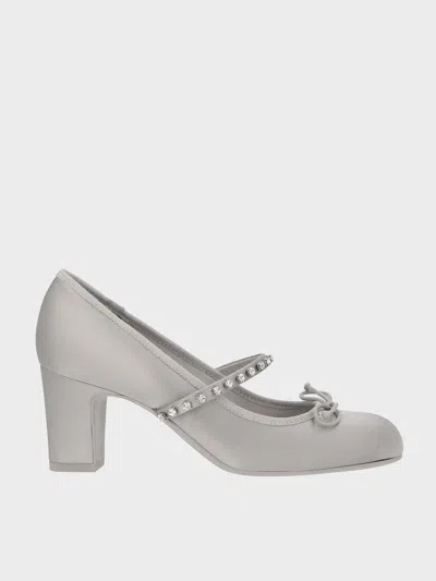 Charles & Keith - Satin Gem-embellished Bow Mary Jane Pumps In Light Grey