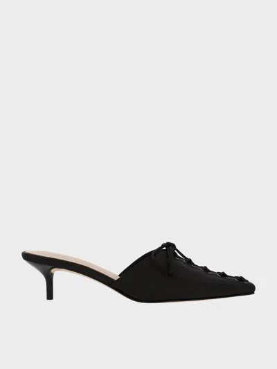 Charles & Keith - Satin Lace-up Pointed-toe Kitten-heel Mules In Black Textured