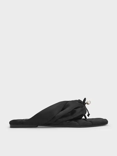 Charles & Keith - Satin Pearl-accent Square-toe Sandals In Black Textured