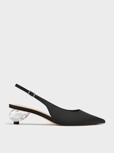 Charles & Keith - Satin Pointed-toe Crystal-heel Slingback Pumps In Black