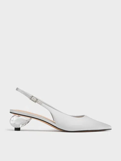 Charles & Keith - Satin Pointed-toe Crystal-heel Slingback Pumps In Silver