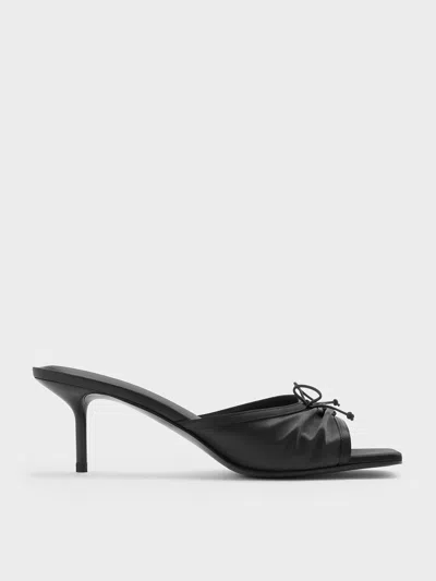 Charles & Keith - Satin Ruched Bow Heeled Mules In Black Textured