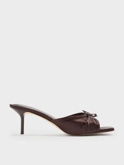 Charles & Keith - Satin Ruched Bow Heeled Mules In Dark Brown