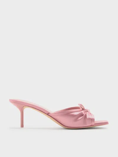 Charles & Keith - Satin Ruched Bow Heeled Mules In Pink