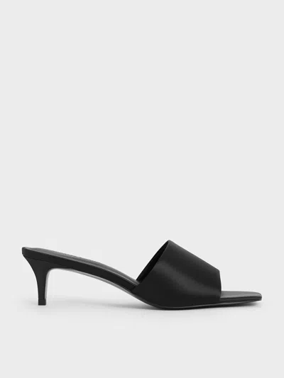 Charles & Keith - Satin Square-toe Kitten-heel Mules In Black Textured