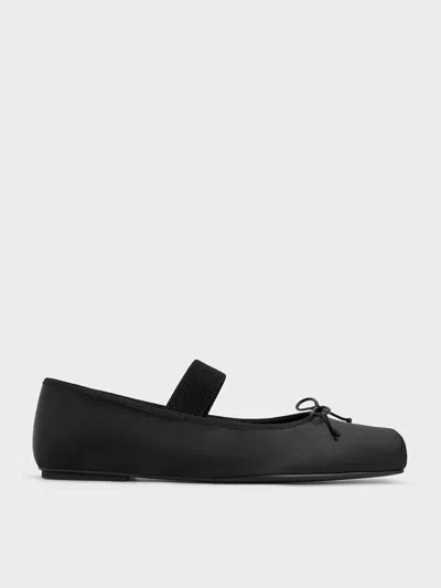 Charles & Keith - Satin Square-toe Mary Jane Ballet Flats In Black Textured