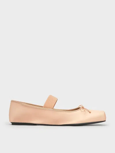 Charles & Keith - Satin Square-toe Mary Jane Ballet Flats In Nude