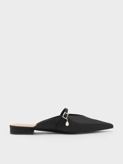 Charles & Keith - Satin Teardrop-crystal Flat Mules In Black