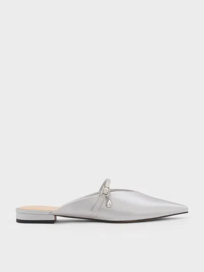 Charles & Keith - Satin Teardrop-crystal Flat Mules In Silver