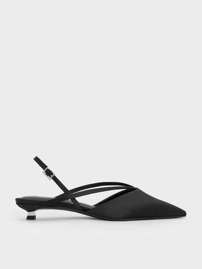 Charles & Keith - Satin V-strap Pointed-toe Slingback Kitten Heels In Black Textured