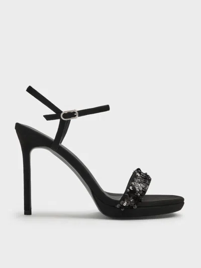 Charles & Keith - Sequinned Ankle-strap Stiletto Sandals In Black