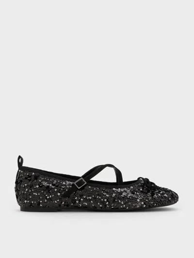 Charles & Keith - Sequinned Crossover Mary Jane Flats In Black