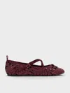 Charles & Keith - Sequinned Crossover Mary Jane Flats In Burgundy