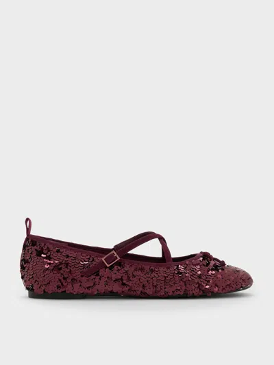 Charles & Keith - Sequinned Crossover Mary Jane Flats In Burgundy